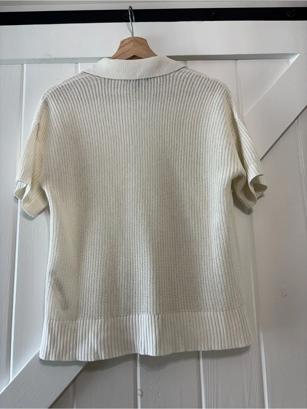 Eileen Fisher Cotton Silk Cord Split Neck Top Ivory Boxy Short Sleeve Luxury XS